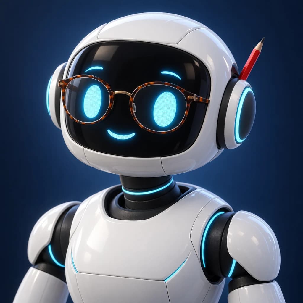 Roboter aus derselben Familie mit cyanfarbenen Augen, Lesebrille und rotem Korrekturstift