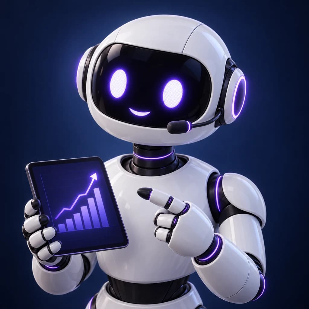 Roboter aus derselben Familie mit violetten Augen, Headset und Tablet mit steigender Kurve