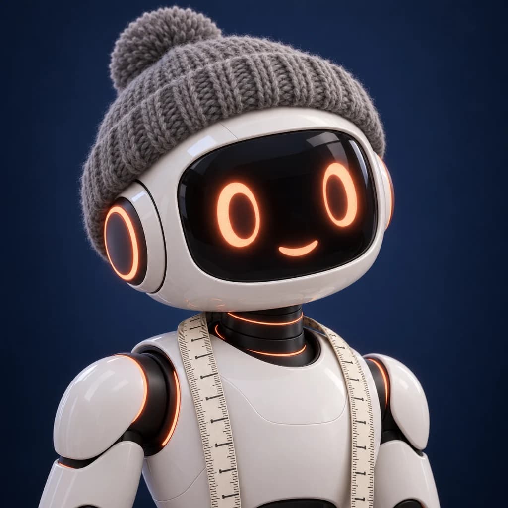 Roboter aus derselben Familie mit korallenroten Augen, Wollmütze und Massband
