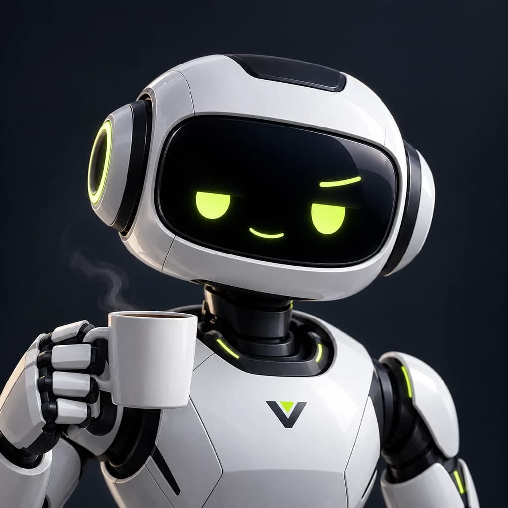 Vanto, ein weisser Roboter mit leuchtend grünen Augen, hält eine Kaffeetasse