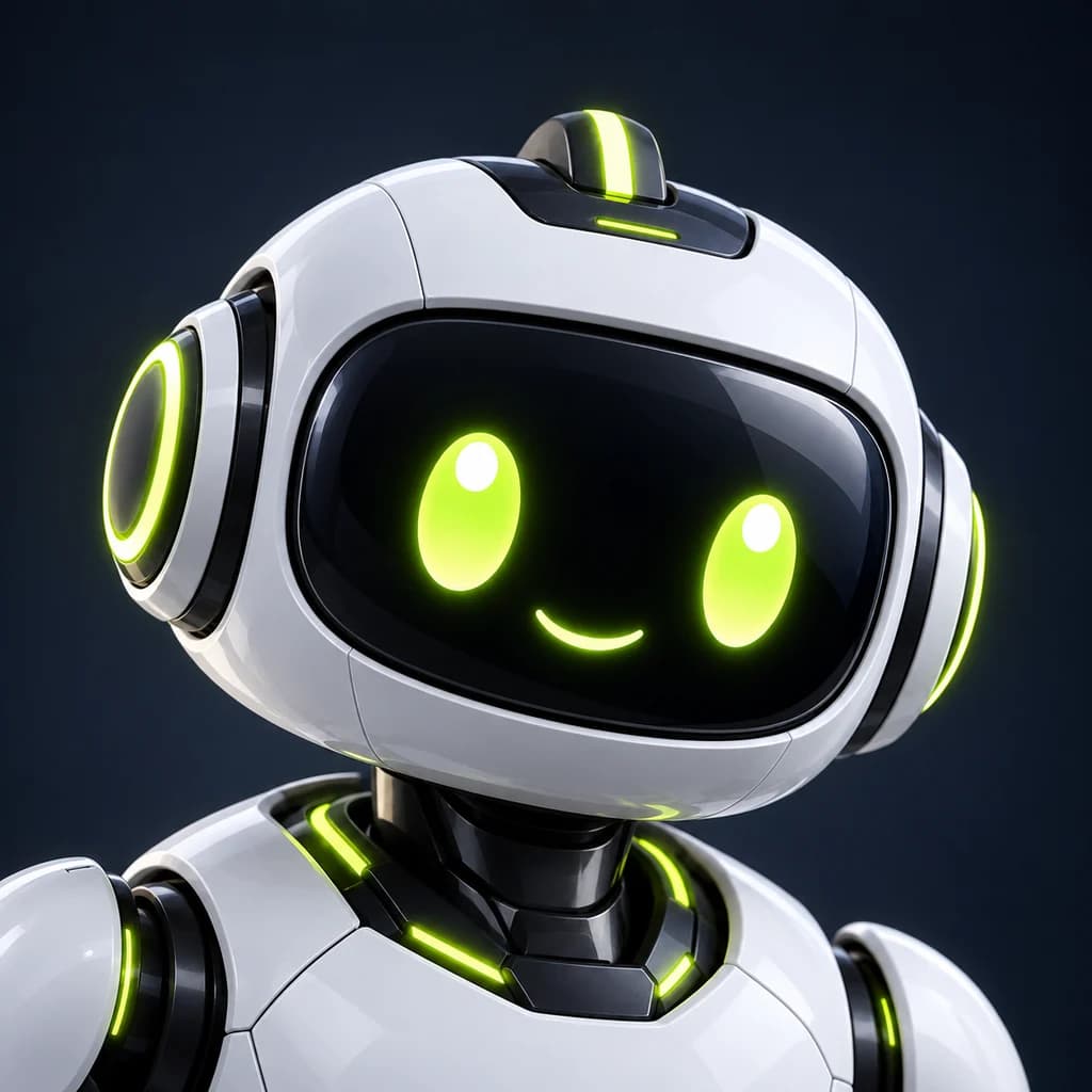 Vanto, ein freundlicher weisser Roboter mit leuchtend grünen Augen