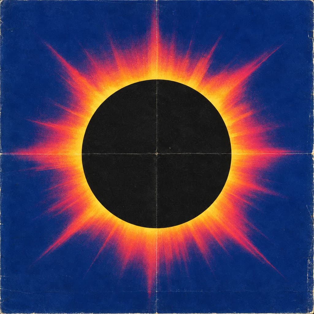 Grafisches Plakat: eine totale Sonnenfinsternis als schwarze Scheibe mit leuchtender Korona auf tiefem Blau.