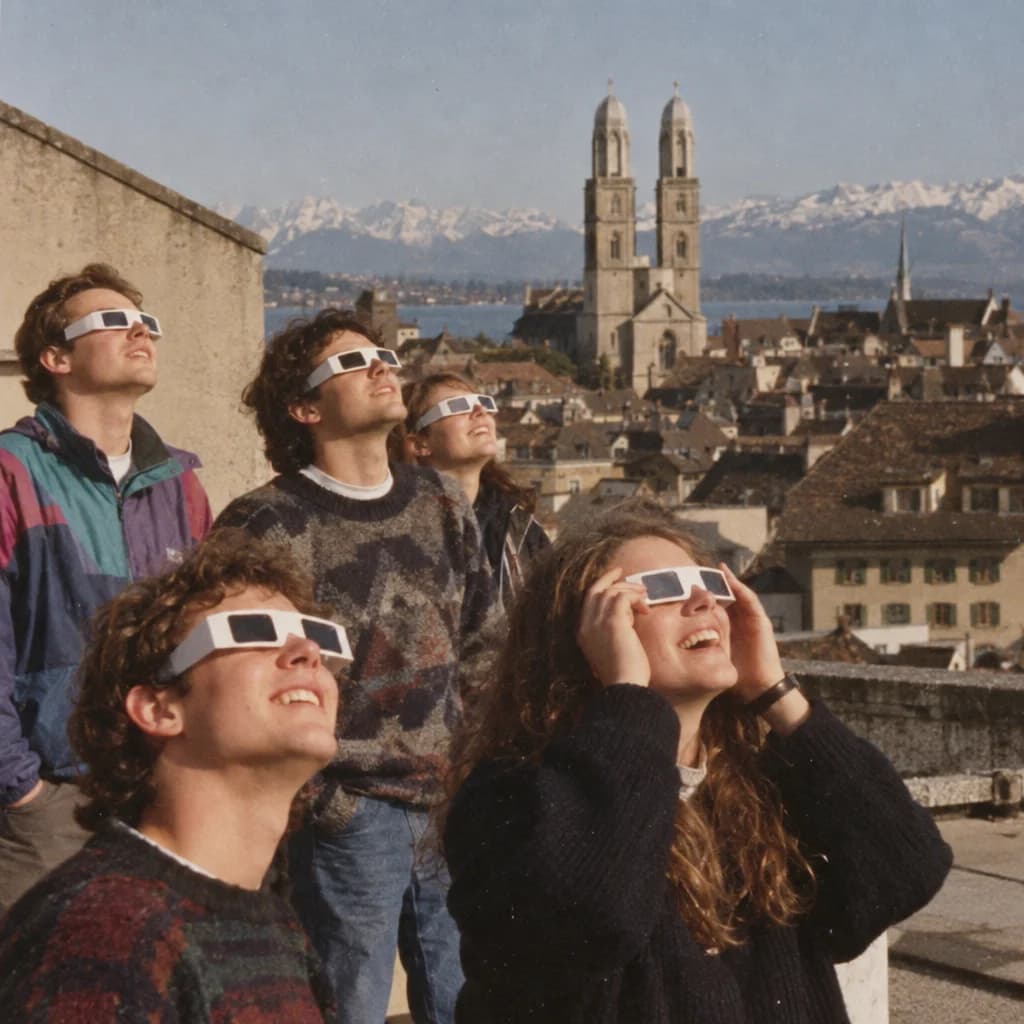 Junge Leute mit Finsternis-Brillen schauen auf einem Dach über einer Schweizer Altstadt in den Himmel.