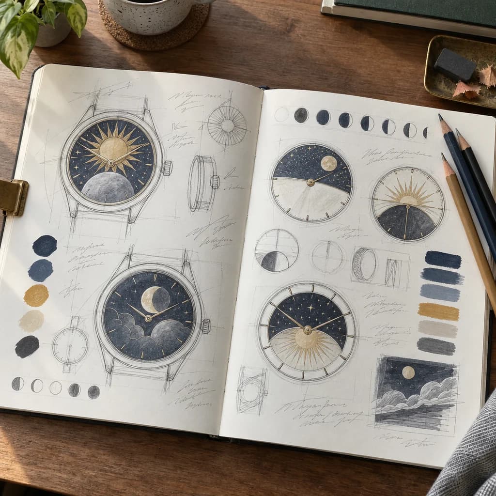 Aufgeschlagenes Skizzenbuch mit Zifferblatt-Entwürfen zu Sonne, Mond und Mondphasen, daneben Farbmuster und Stifte.